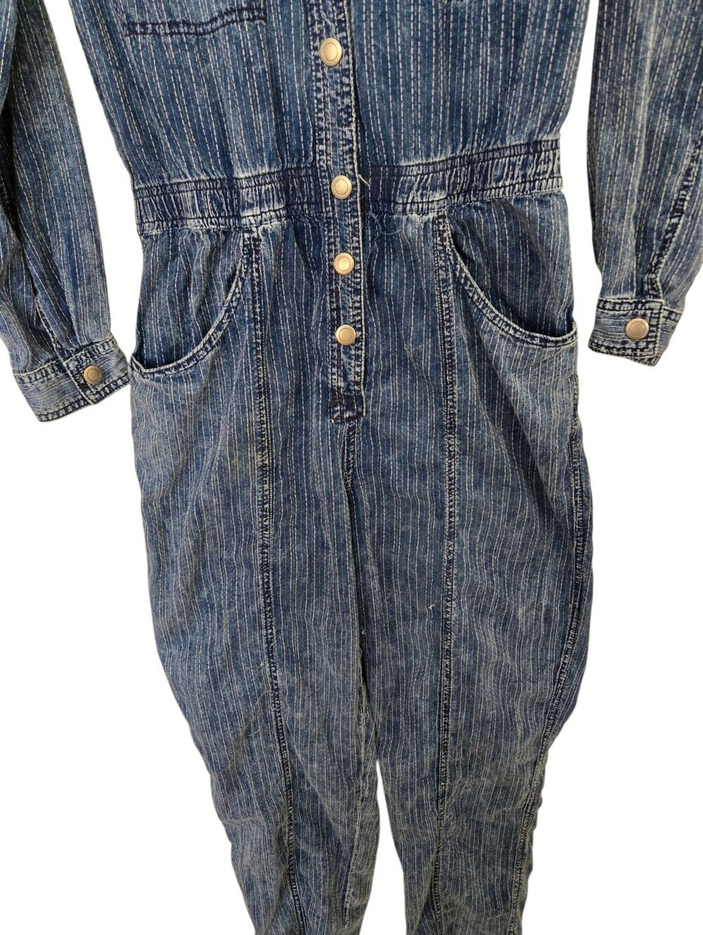 🌟 Free People We The Free Denim Utility Jumpsuit | Pinstripe Button Front Boile - Picture 3 of 9